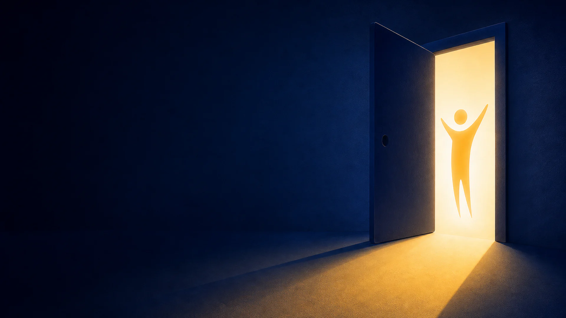 Una puerta abierta ilumina el camino de una figura humana